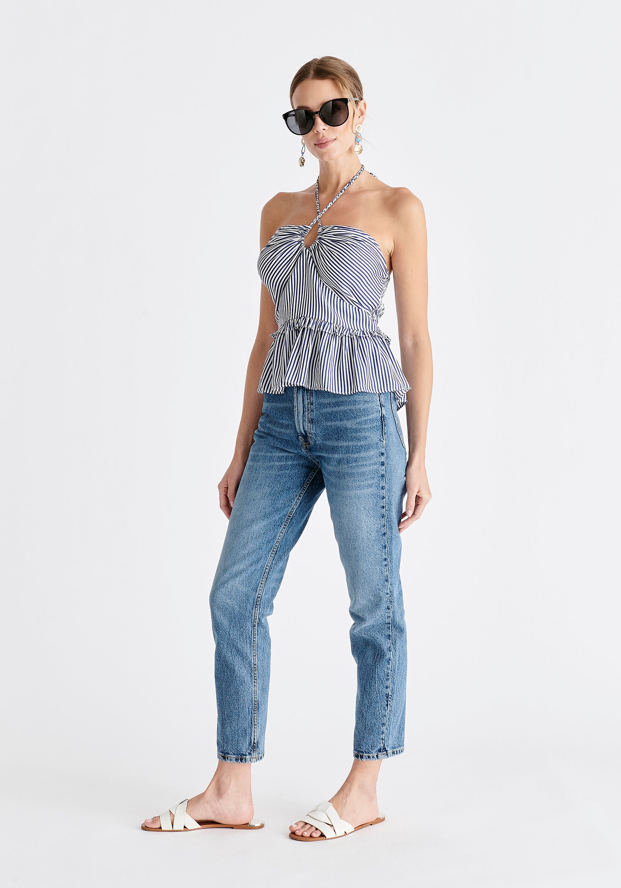 Halterneck Peplum Top in Blue and White Side