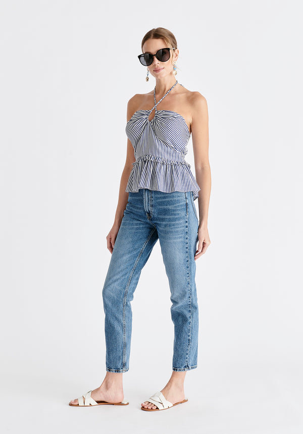 Halterneck Peplum Top in Blue and White Side