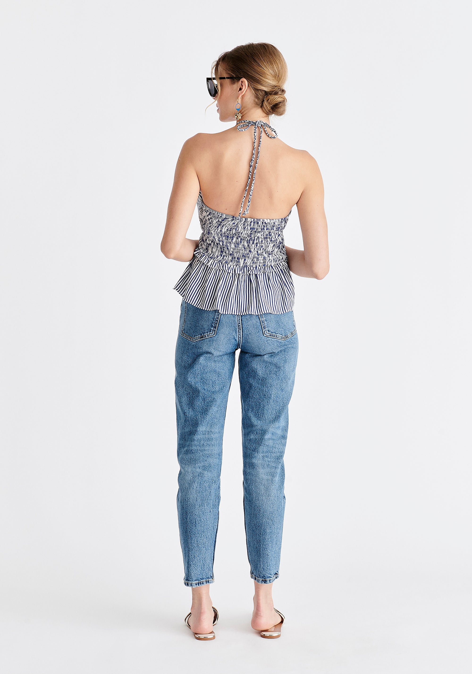 Halterneck Peplum Top in Blue and White Back