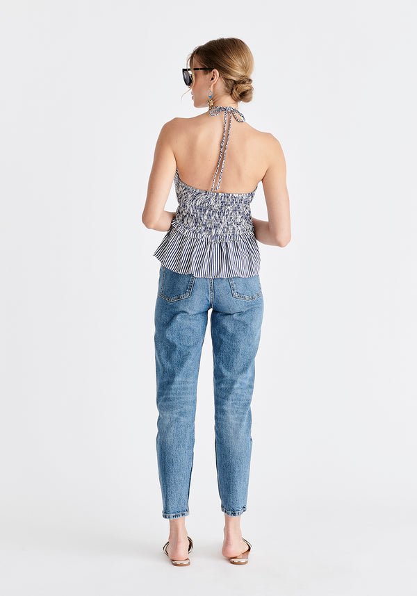 Halterneck Peplum Top in Blue and White Back