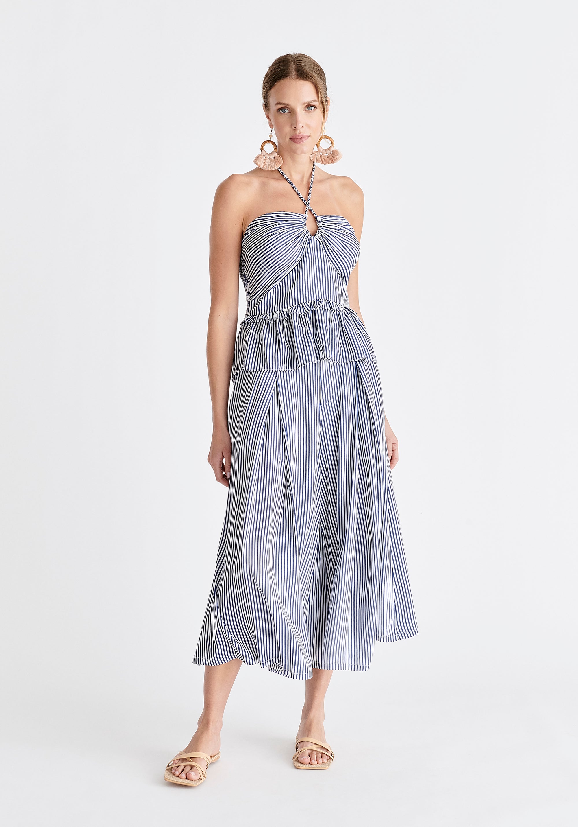 Halterneck Peplum Top in Blue and White