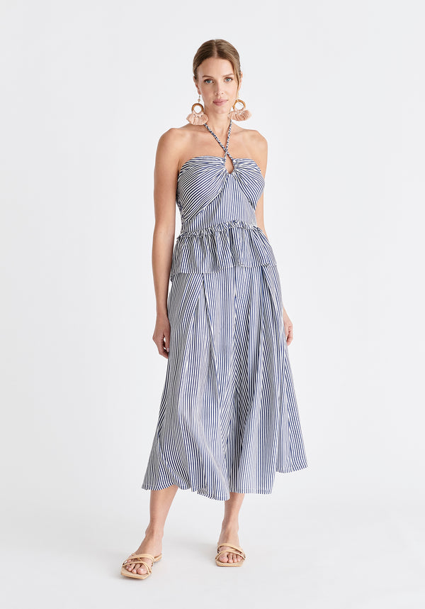 Halterneck Peplum Top in Blue and White