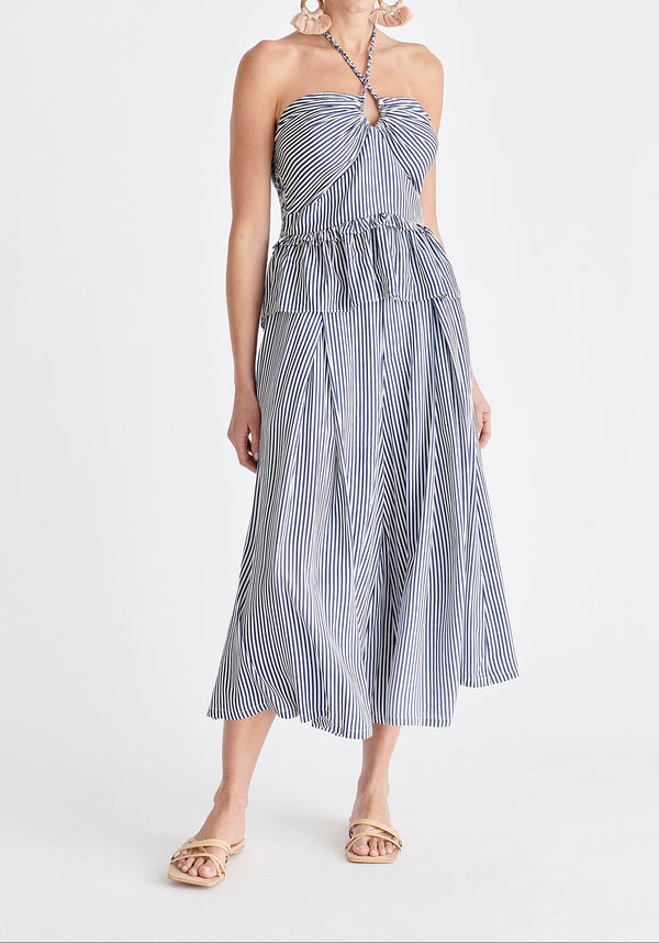 Halterneck Peplum Top in Blue and White