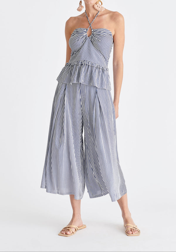 Halterneck Peplum Top in Blue and White