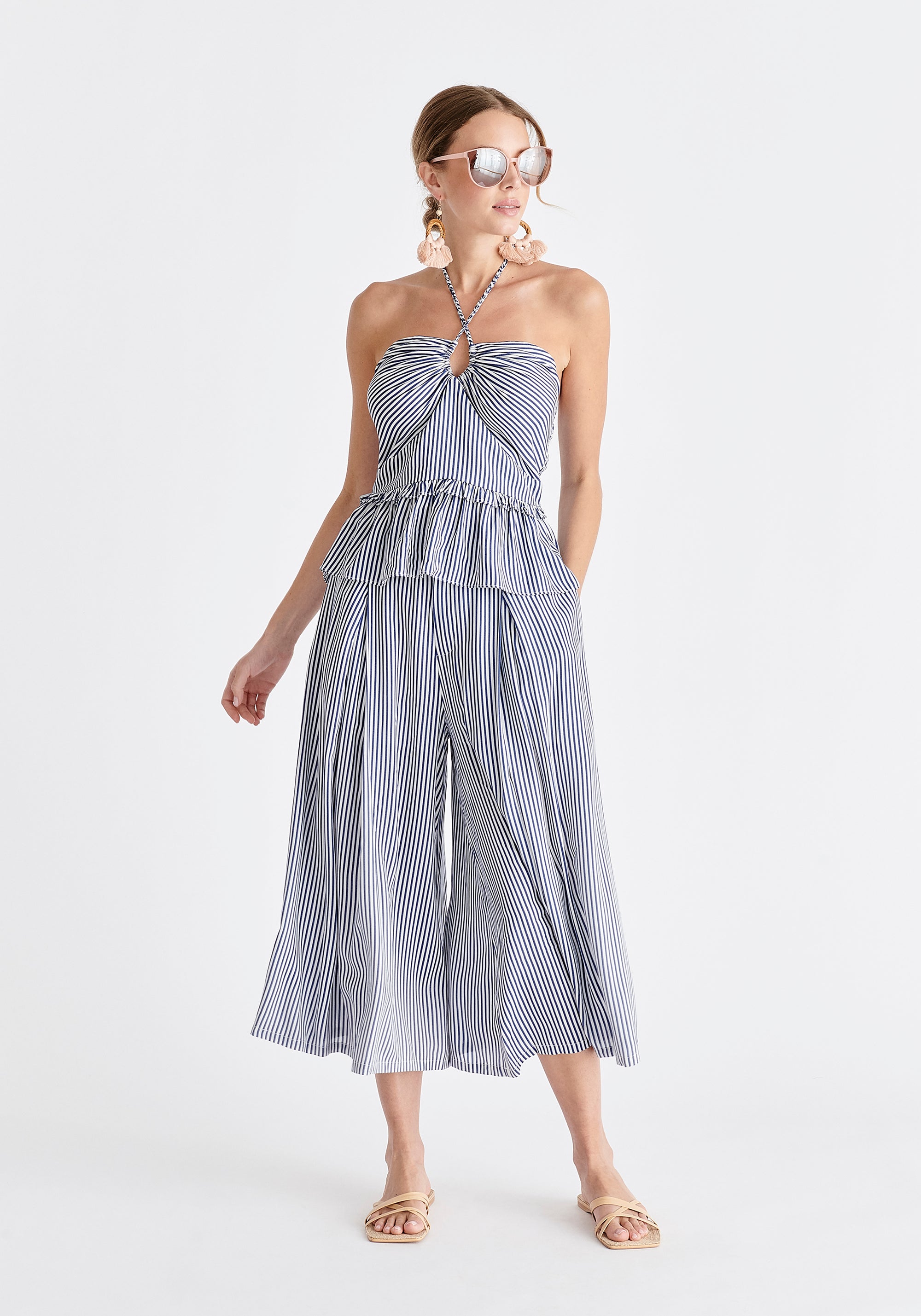 Halterneck Peplum Top in Blue and White