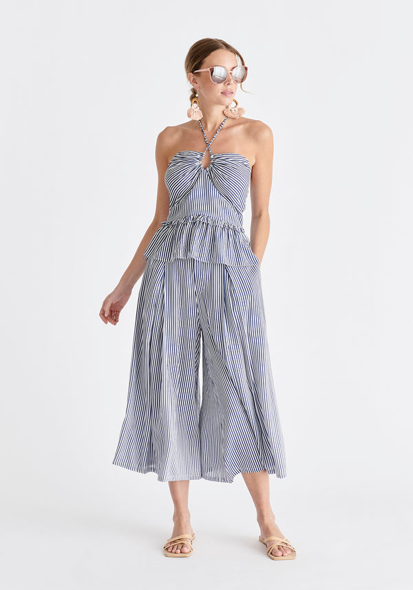 Halterneck Peplum Top in Blue and White