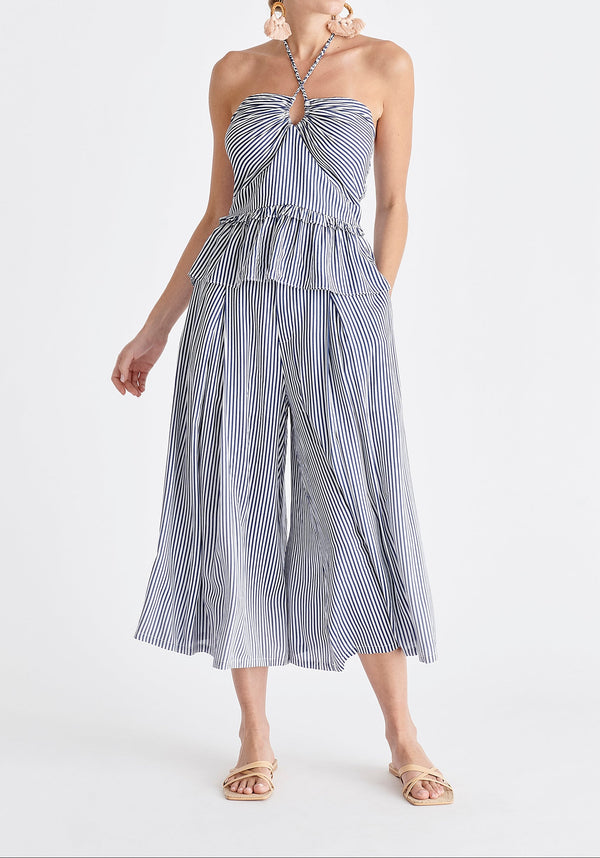 Halterneck Peplum Top in Blue and White