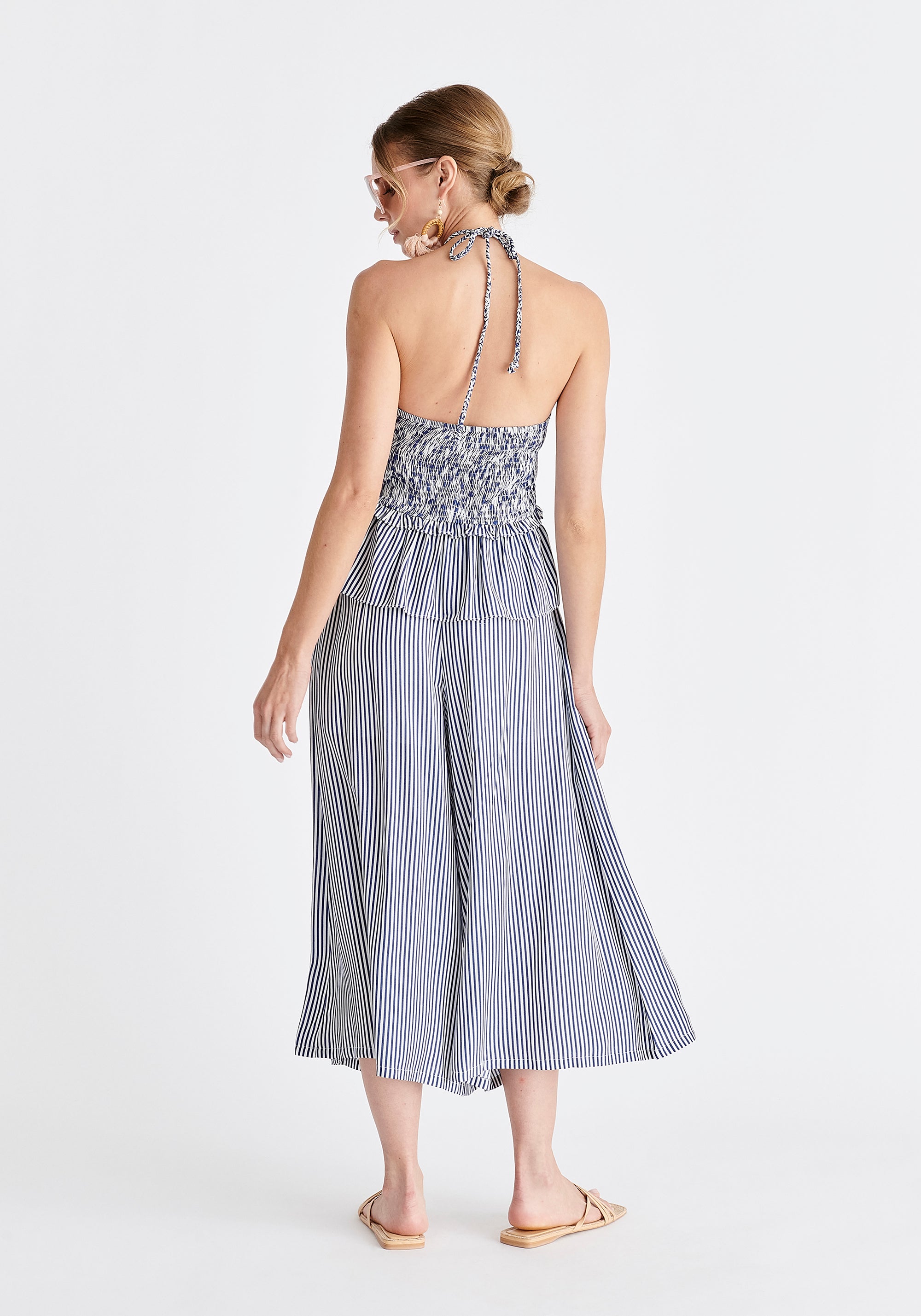 Halterneck Peplum Top in Blue and White Back