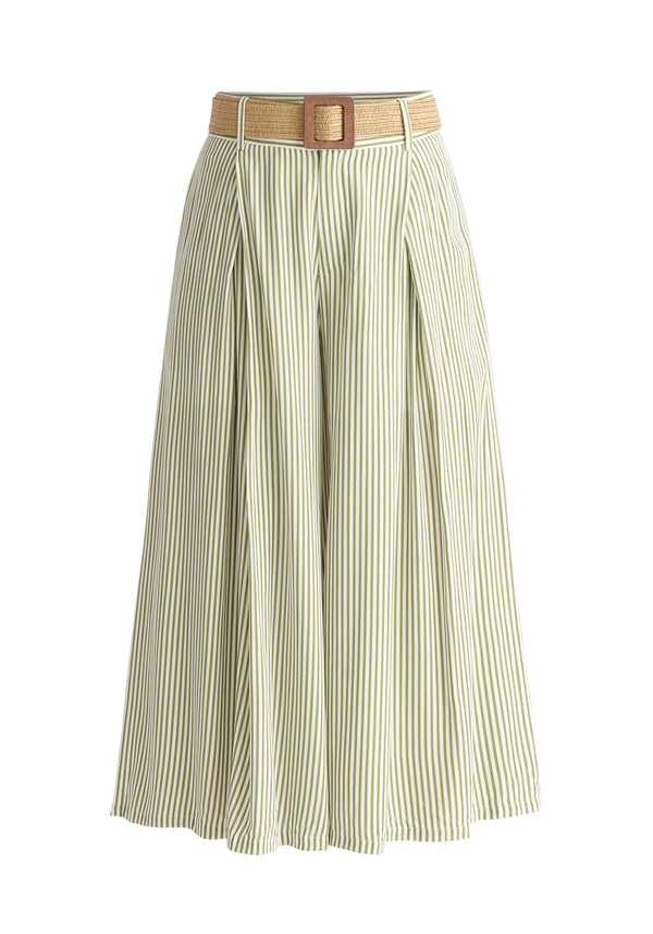 Belted Pleated Culottes in Green and White Cut Out