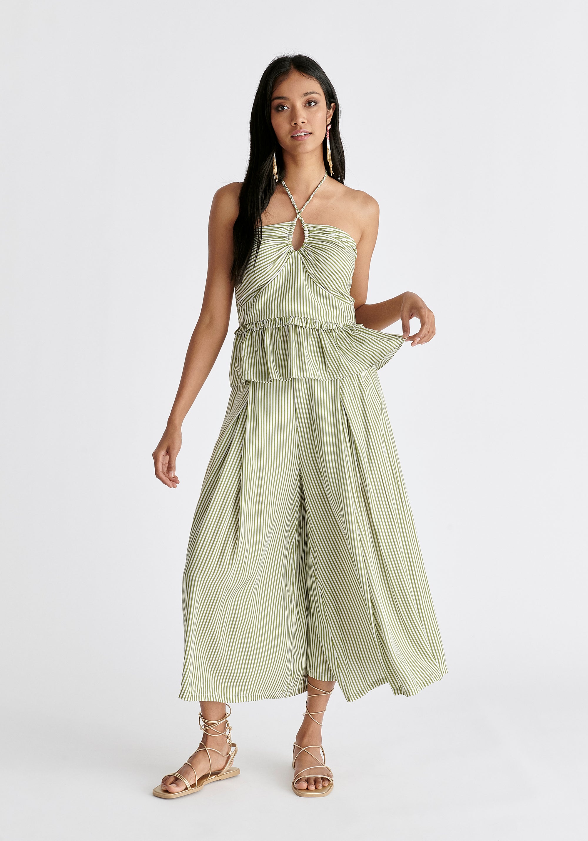 Belted Pleated Culottes in Green and White