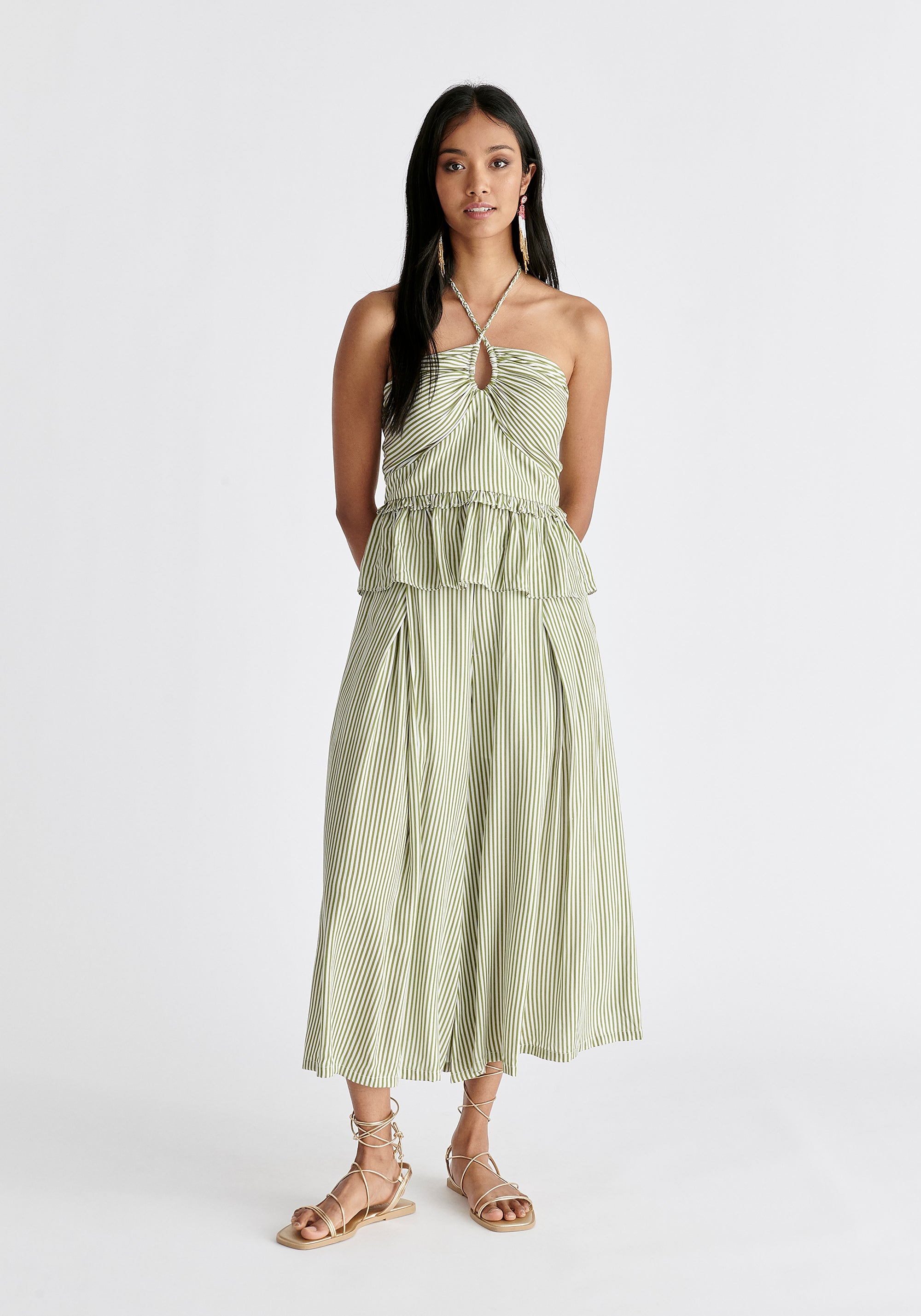 Belted Pleated Culottes in Green and White