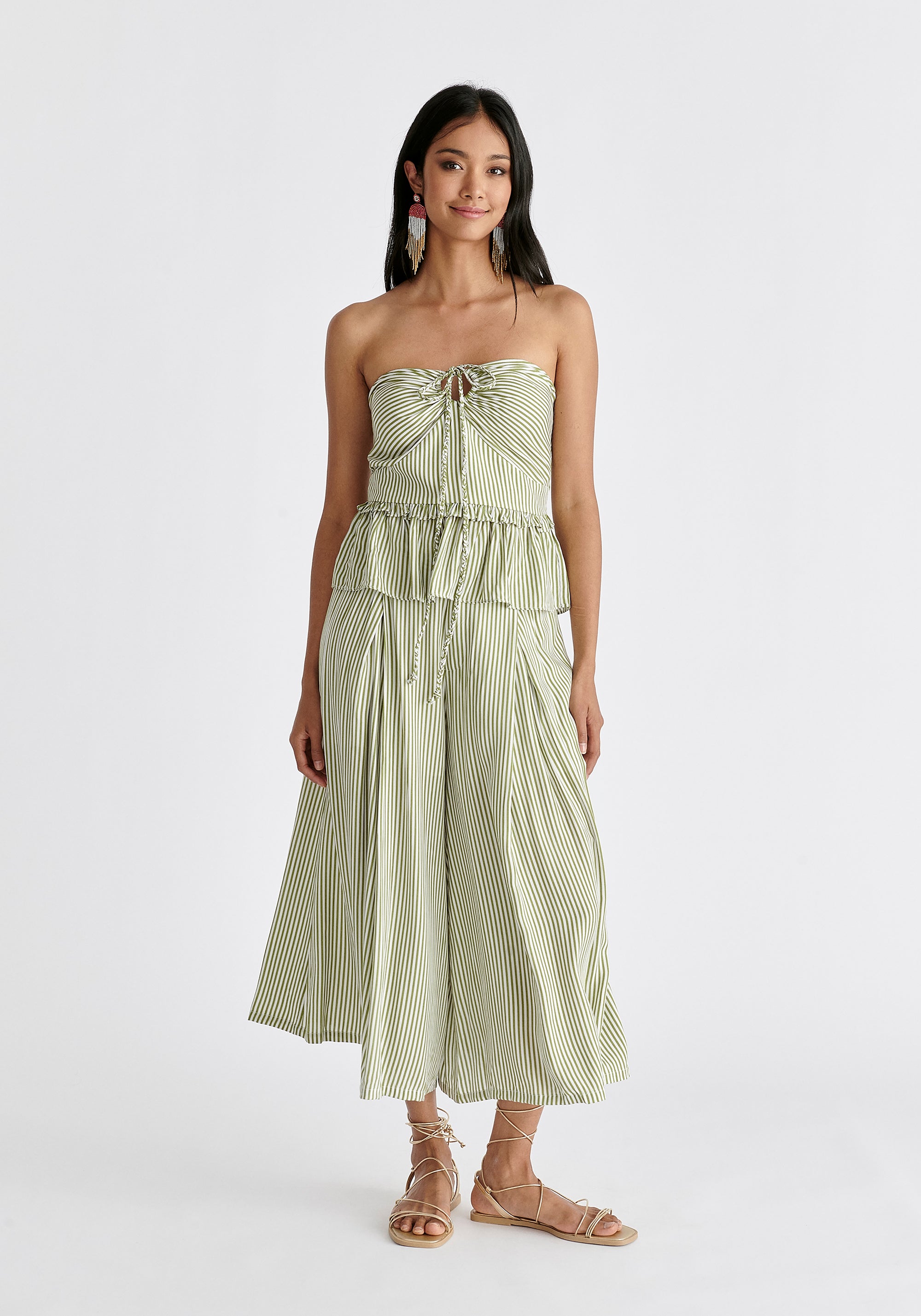 Belted Pleated Culottes in Green and White