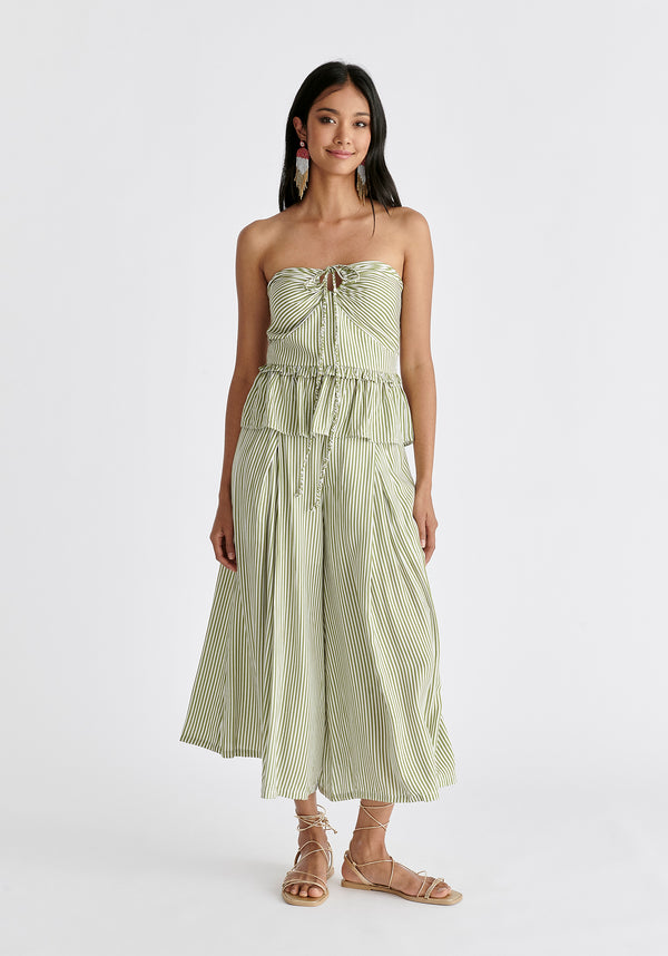 Belted Pleated Culottes in Green and White