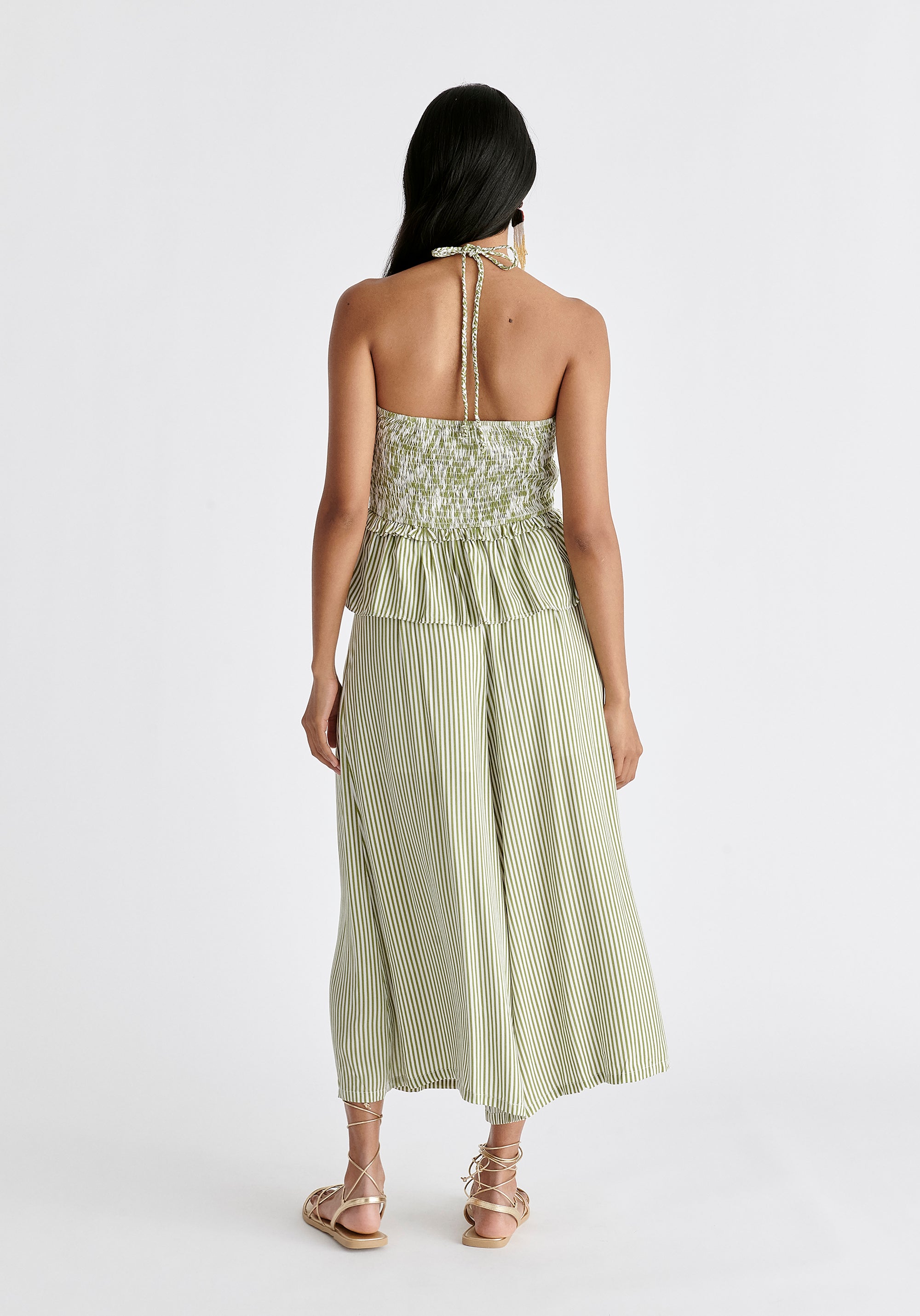 Belted Pleated Culottes in Green and White Back