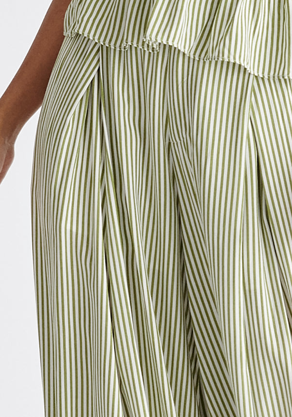 Belted Pleated Culottes in Green and White Close Up