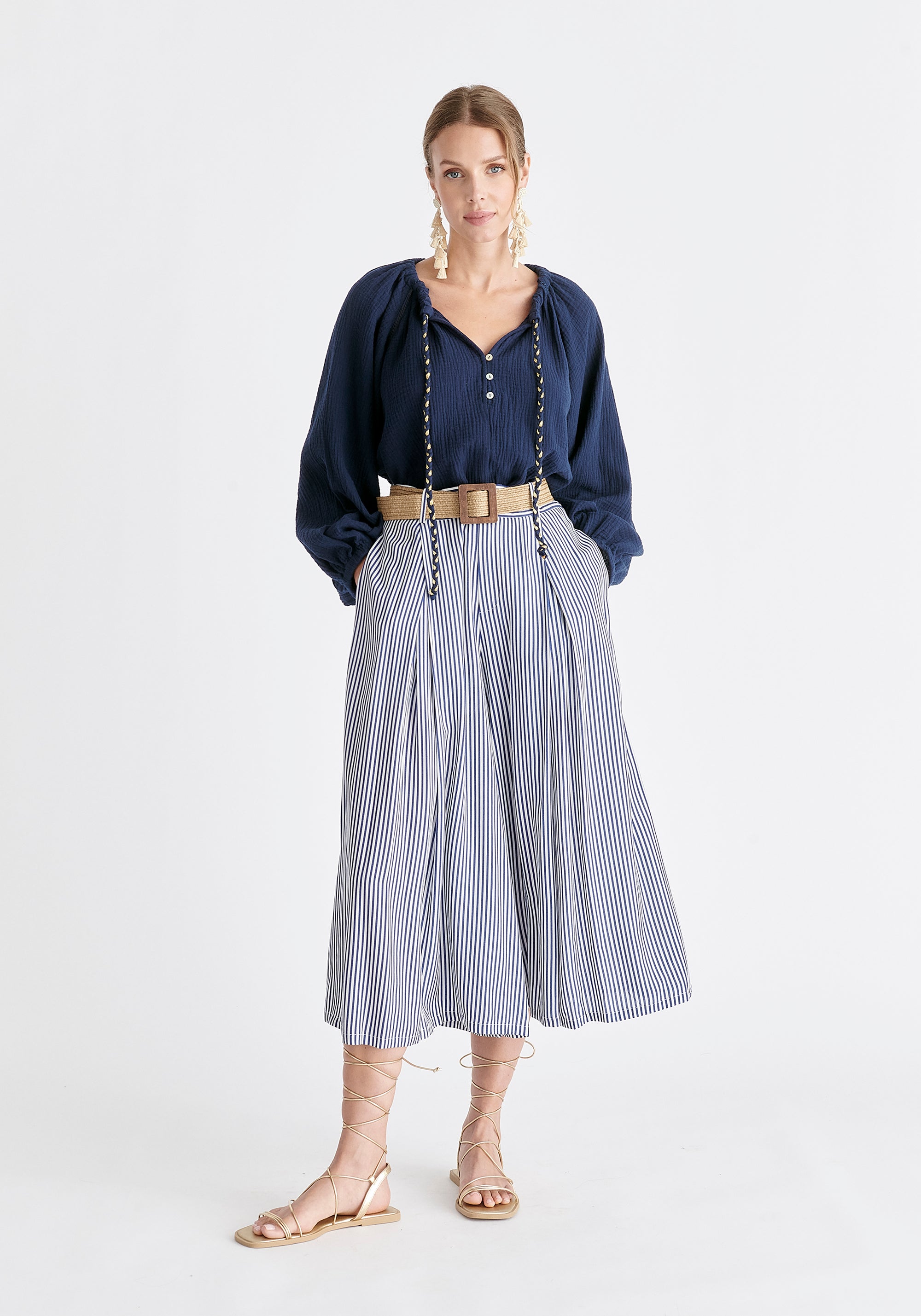 Belted Pleated Culottes in Blue and White