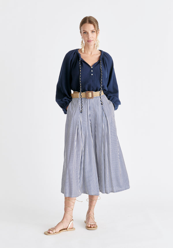 Belted Pleated Culottes in Blue and White