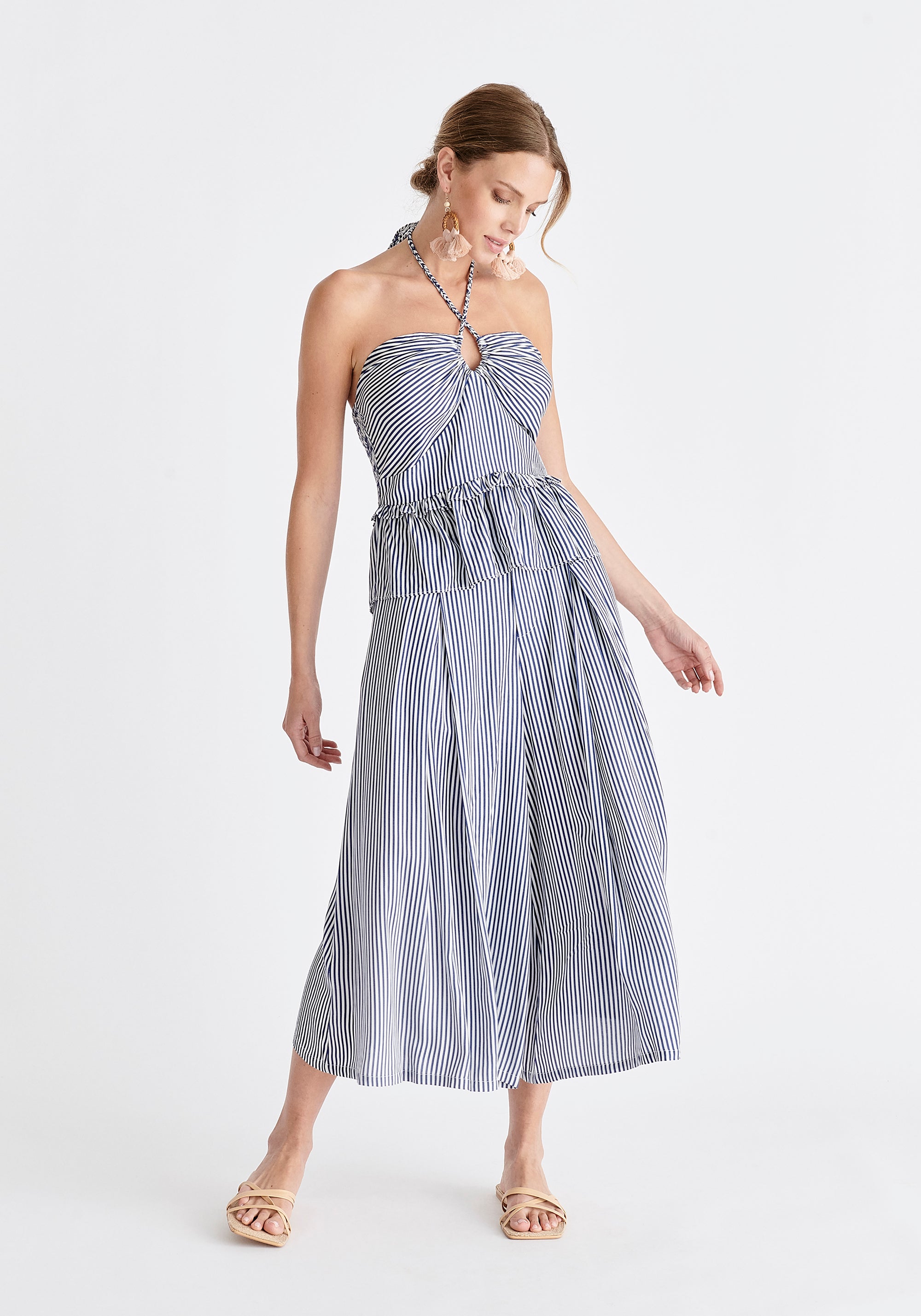 Belted Pleated Culottes in Blue and White