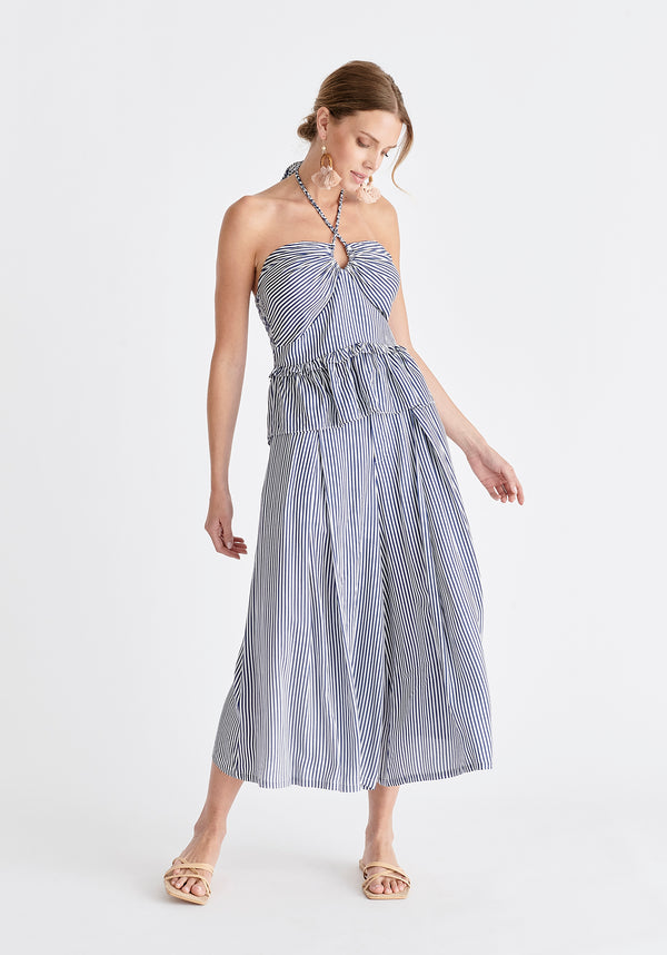 Belted Pleated Culottes in Blue and White