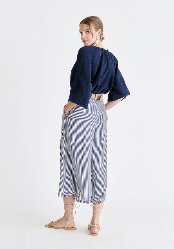 Belted Pleated Culottes in Blue and White Back