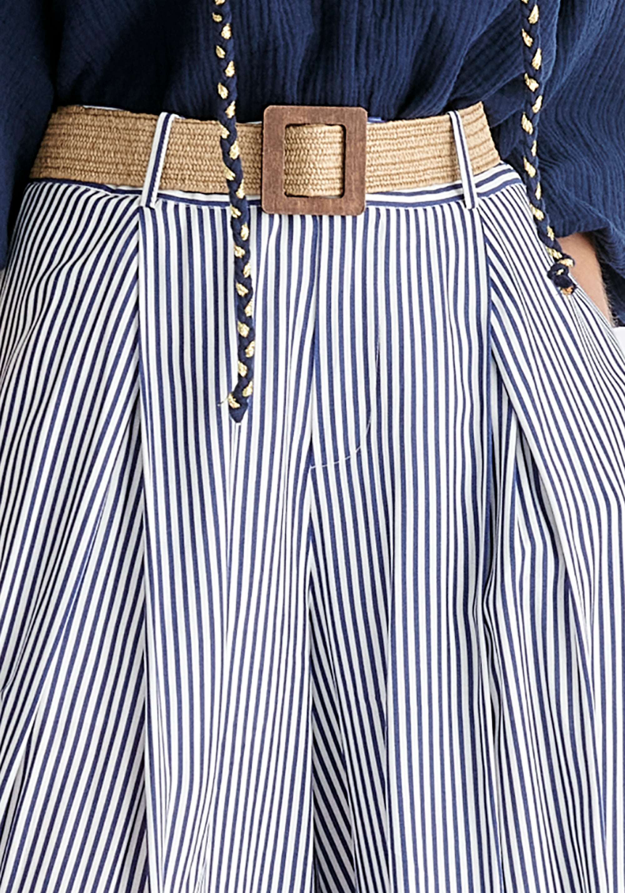 Belted Pleated Culottes in Blue and White Close Up
