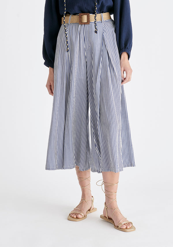 Belted Pleated Culottes in Blue and White