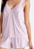 Pyjama Vest Top and Elasticated Shorts in Pink and White Close Up