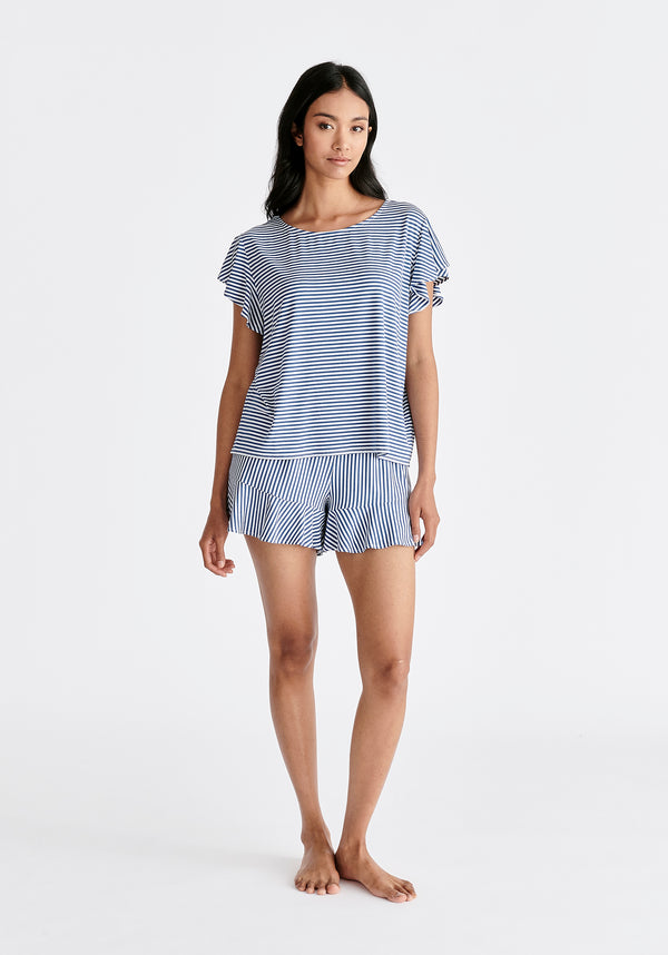 Frill Pyjama T-Shirt and Shorts in Dark Blue and White