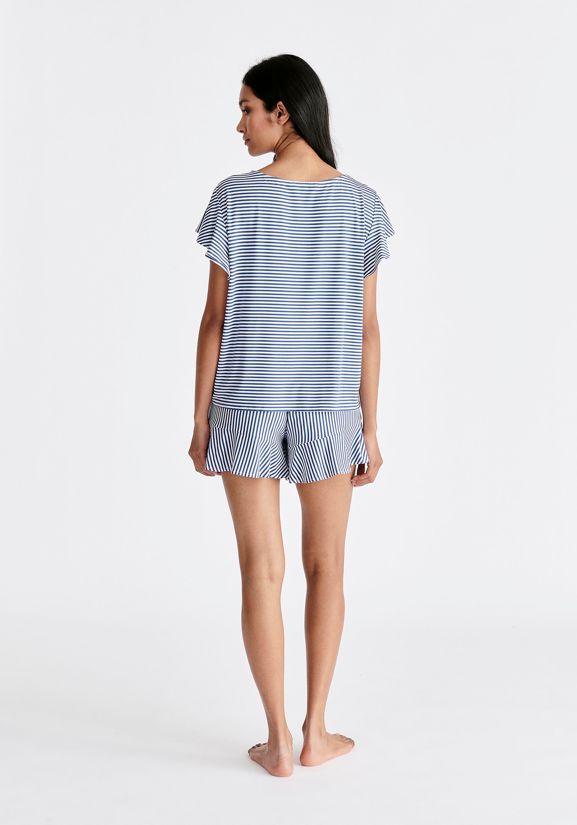 Frill Pyjama T-Shirt and Shorts in Dark Blue and White Back