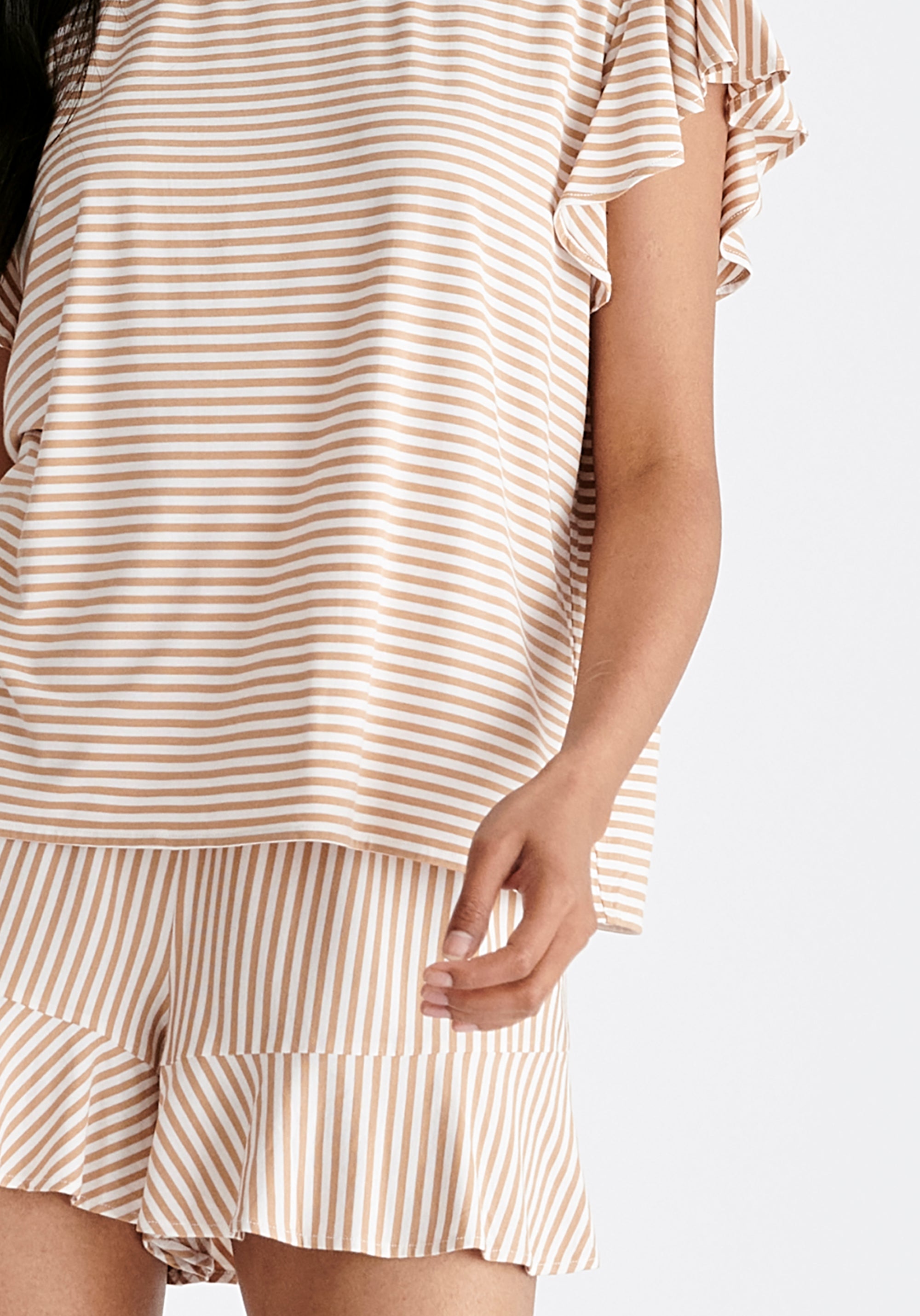 Frill Pyjama T-Shirt and Shorts in Mustard Yellow and White Close Up