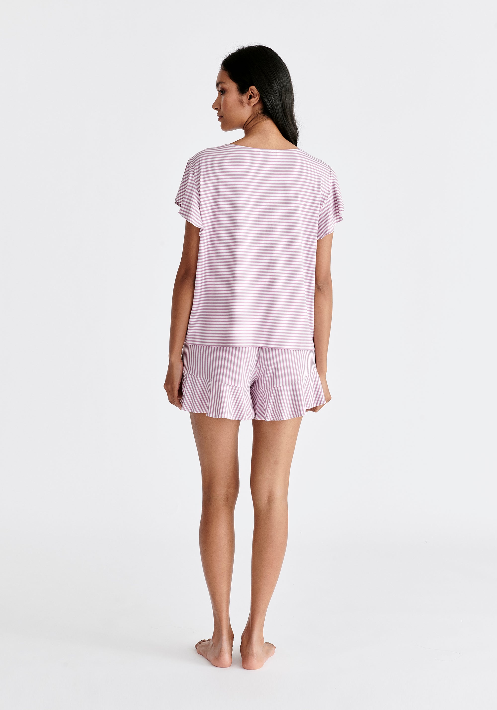 Frill Pyjama T-Shirt and Shorts in Pink and White Back