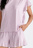 Frill Pyjama T-Shirt and Shorts in Pink and White Close Up
