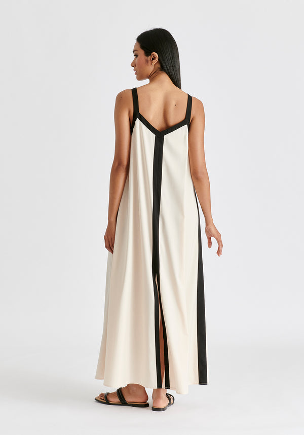 Contrast Trim Midaxi Dress in Beige and Black Back