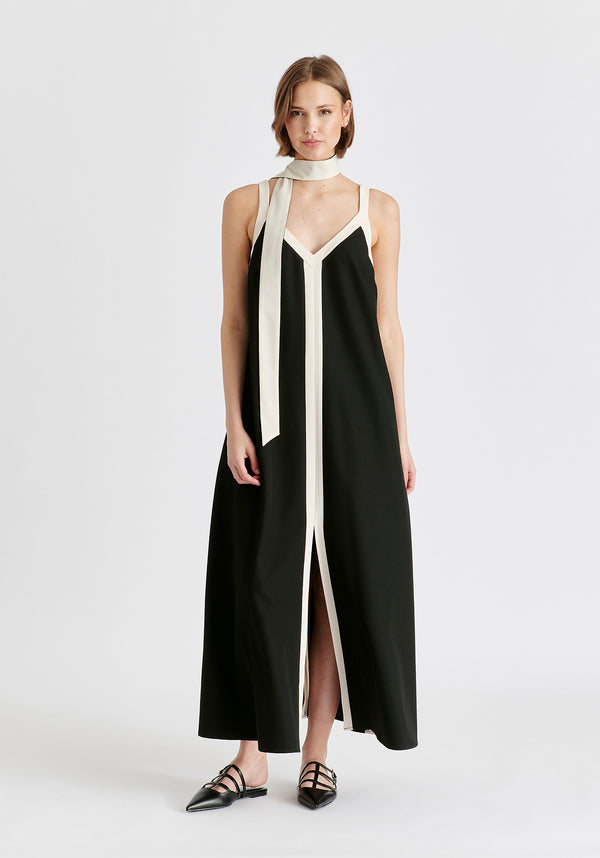 Contrast Trim Midaxi Dress in Black and Beige Front