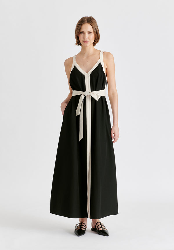 Contrast Trim Midaxi Dress in Black and Beige Front