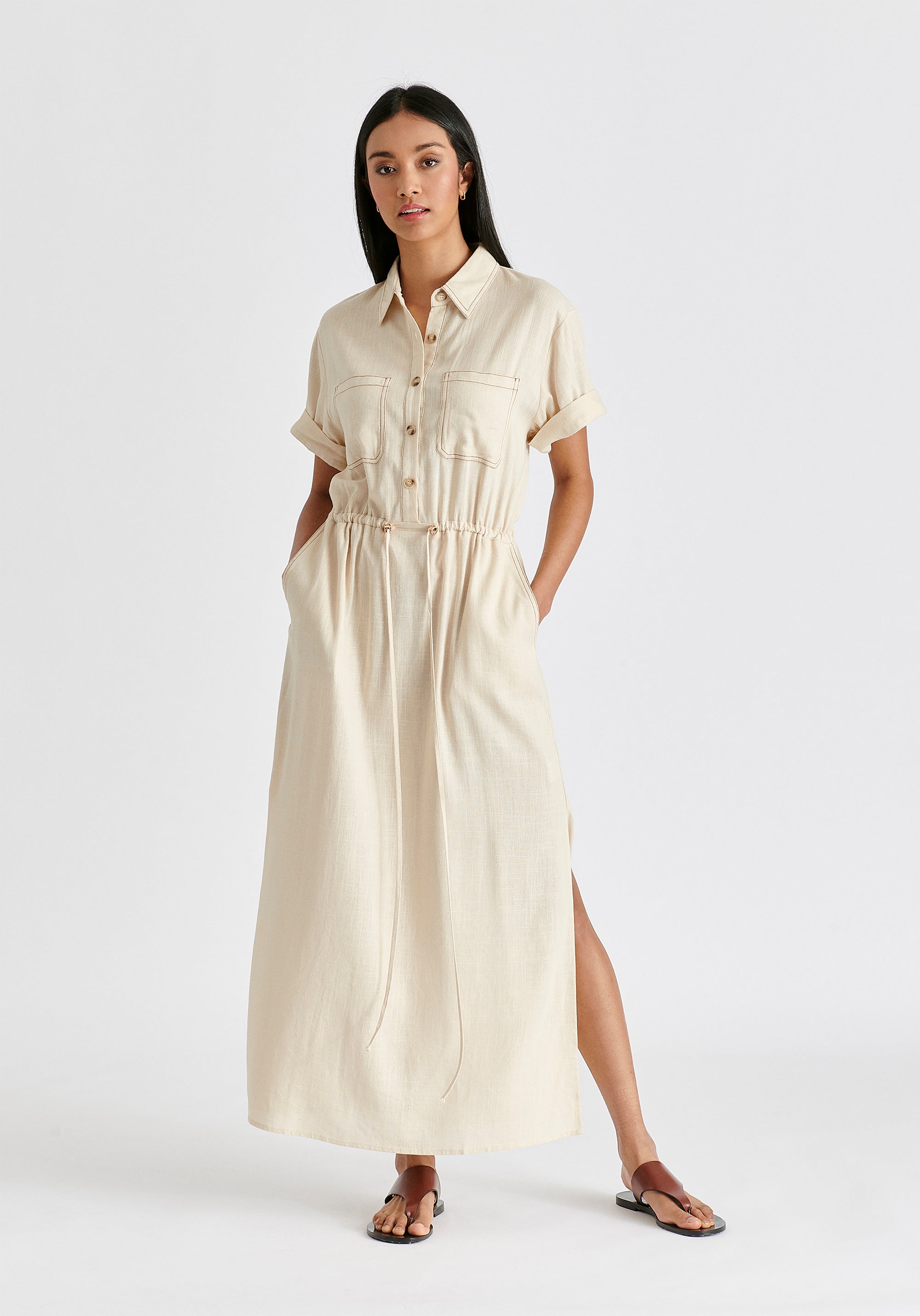 Linen Blend Shirt Dress with Stitch Details in Oatmeal