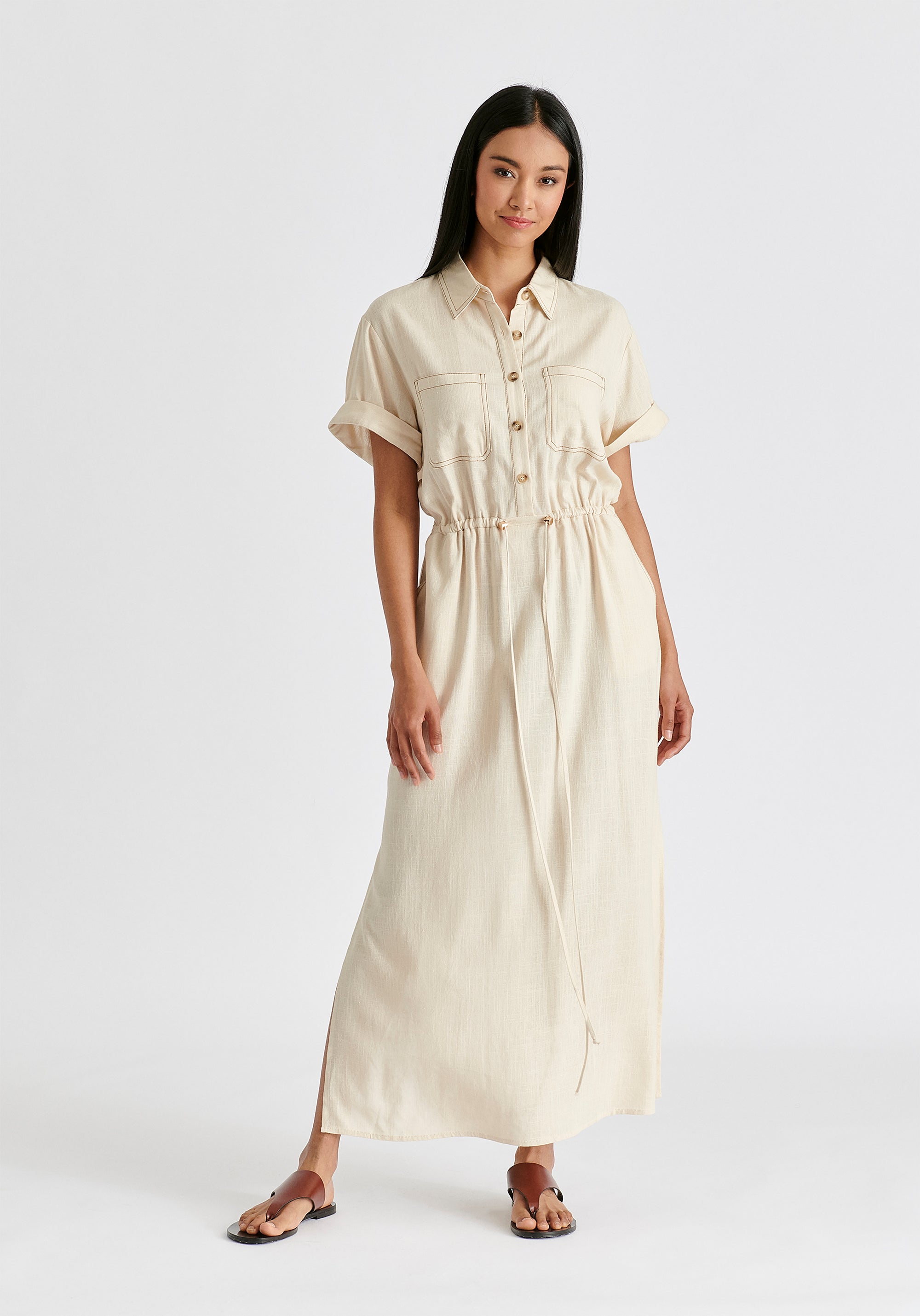 Linen Blend Shirt Dress with Stitch Details in Oatmeal Front