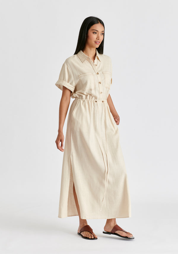 Linen Blend Shirt Dress with Stitch Details in Oatmeal Side