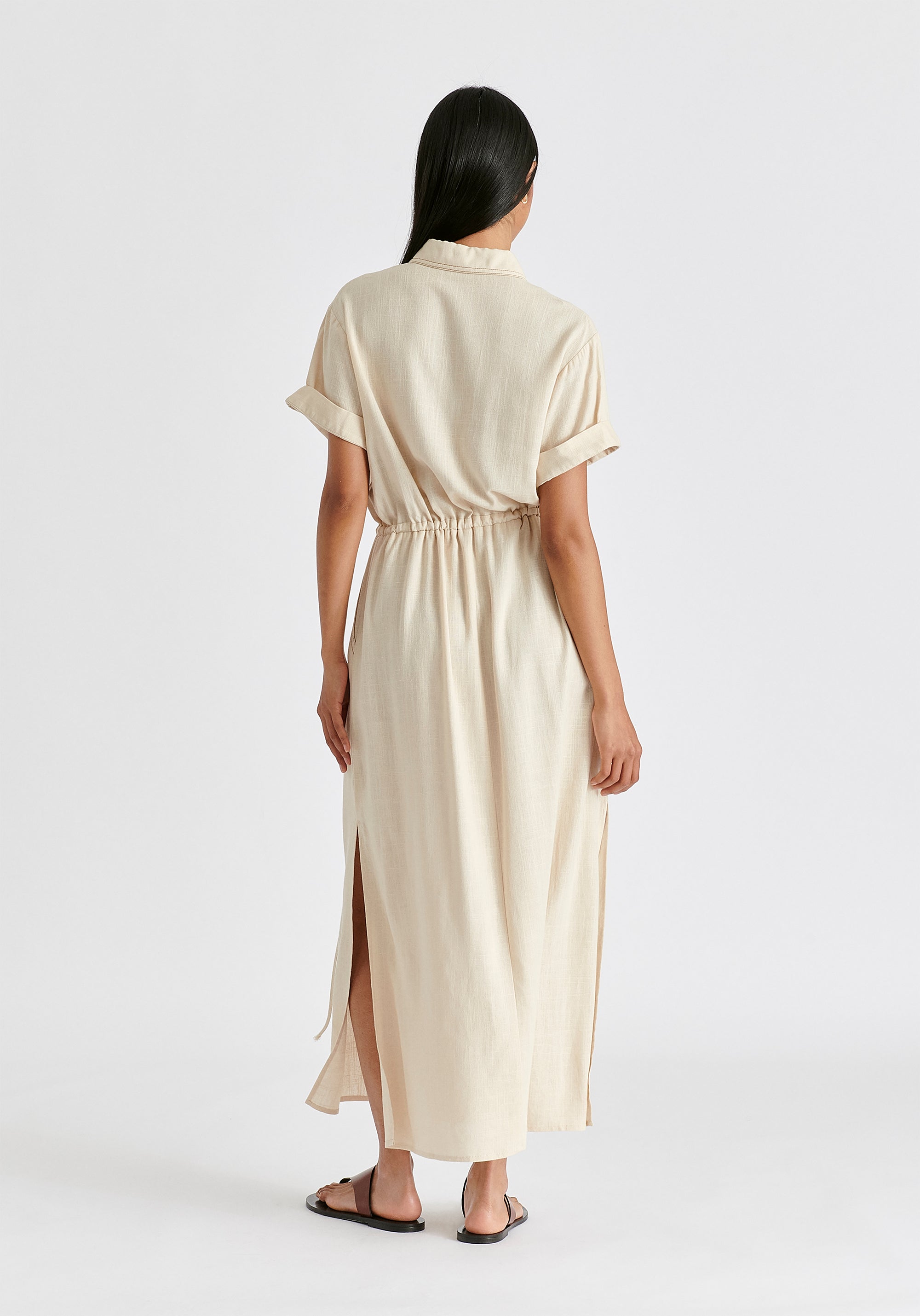 Linen Blend Shirt Dress with Stitch Details in Oatmeal Back