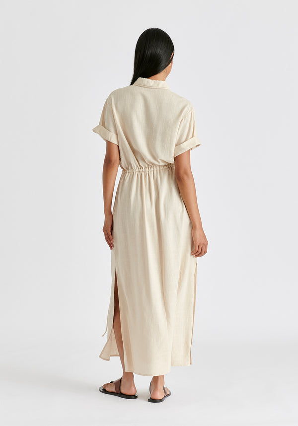 Linen Blend Shirt Dress with Stitch Details in Oatmeal Back