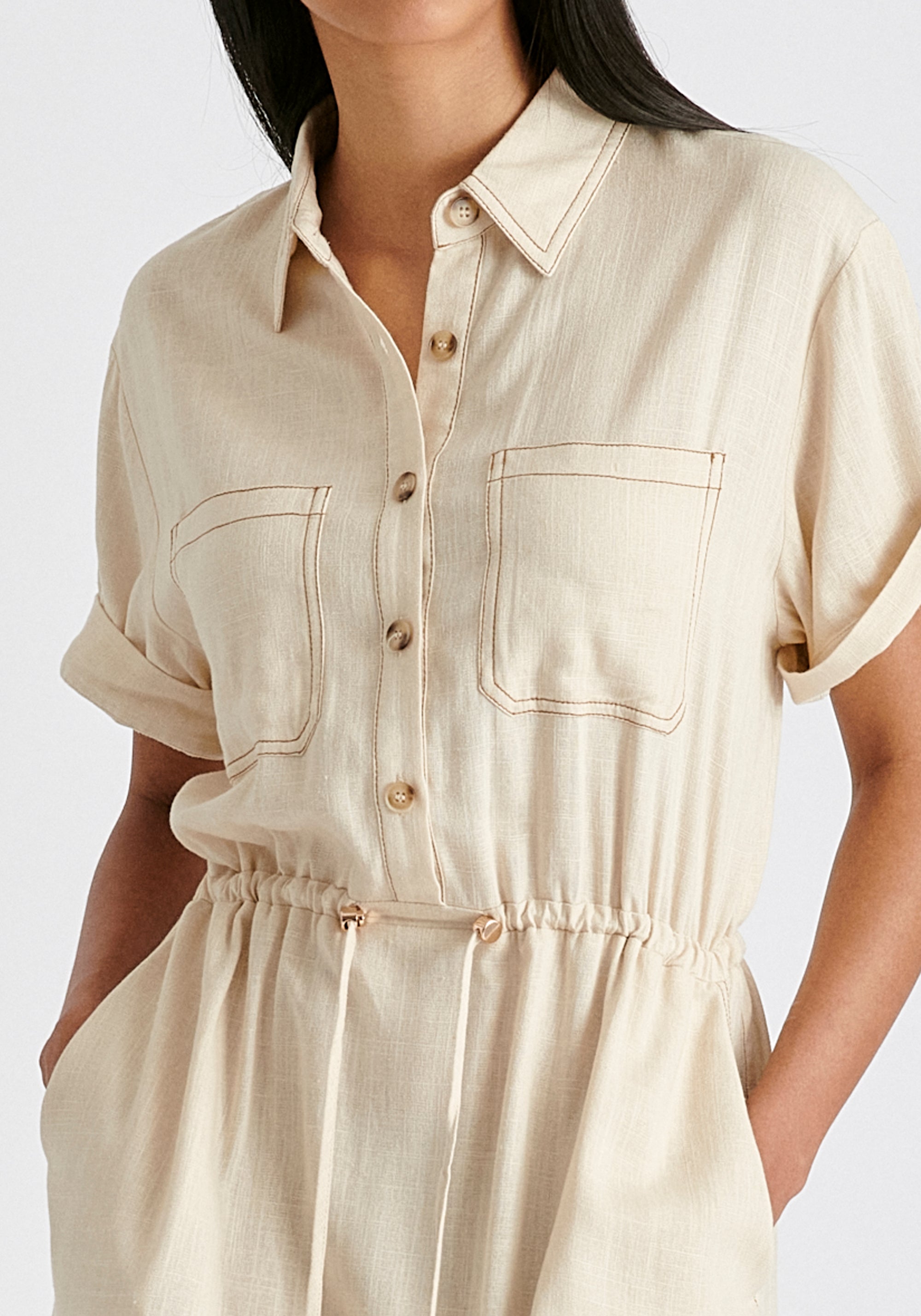 Linen Blend Shirt Dress with Stitch Details in Oatmeal Closeup