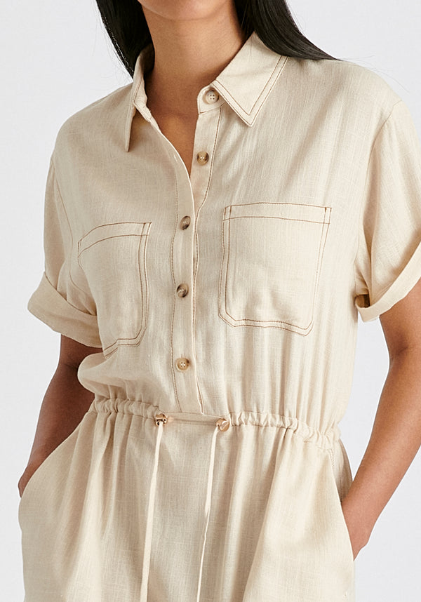 Linen Blend Shirt Dress with Stitch Details in Oatmeal Closeup