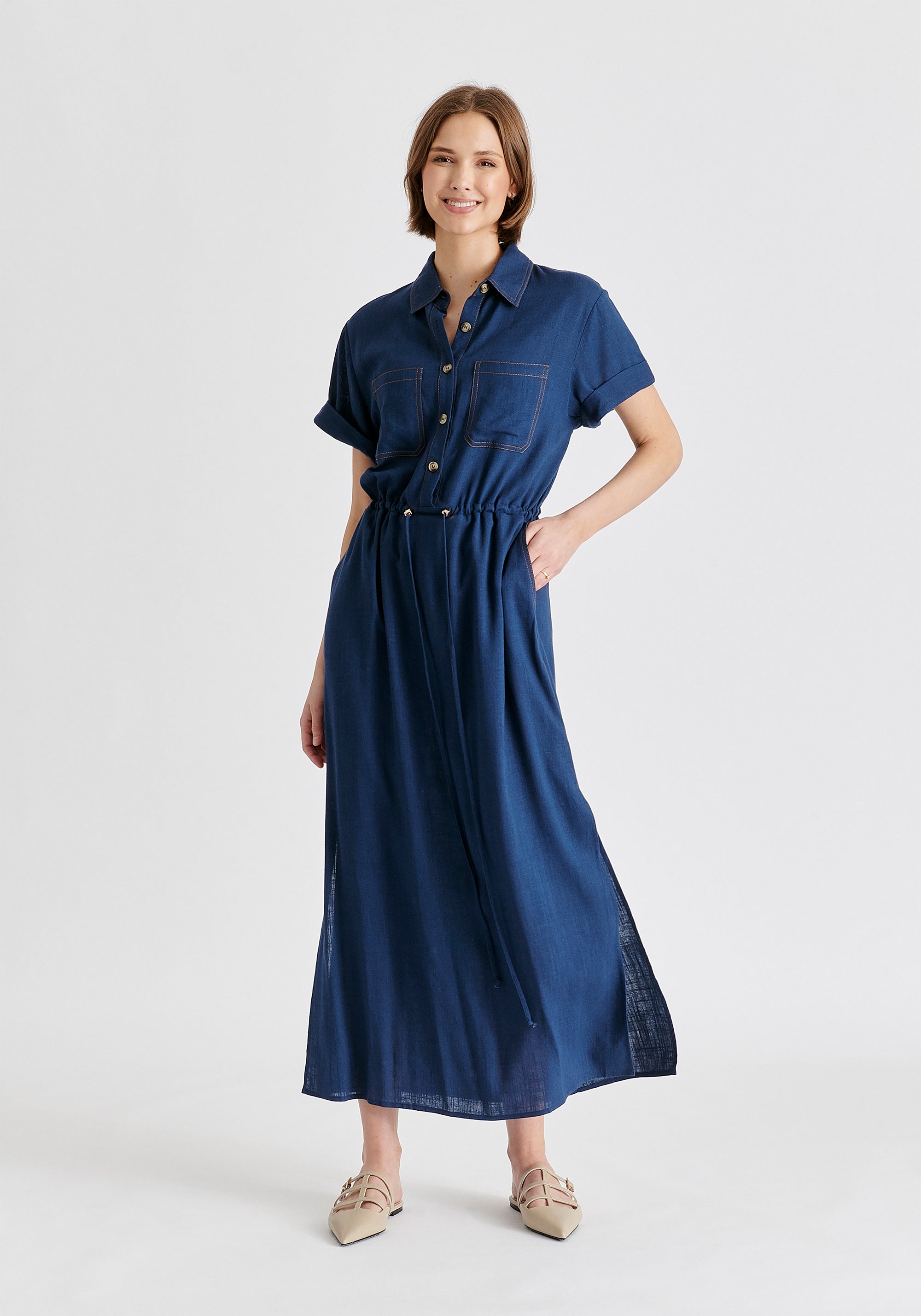 Linen Blend Shirt Dress with Stitch Details in Navy