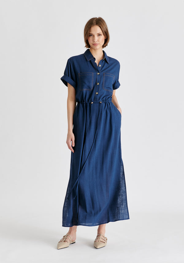 Linen Blend Shirt Dress with Stitch Details in Navy Front