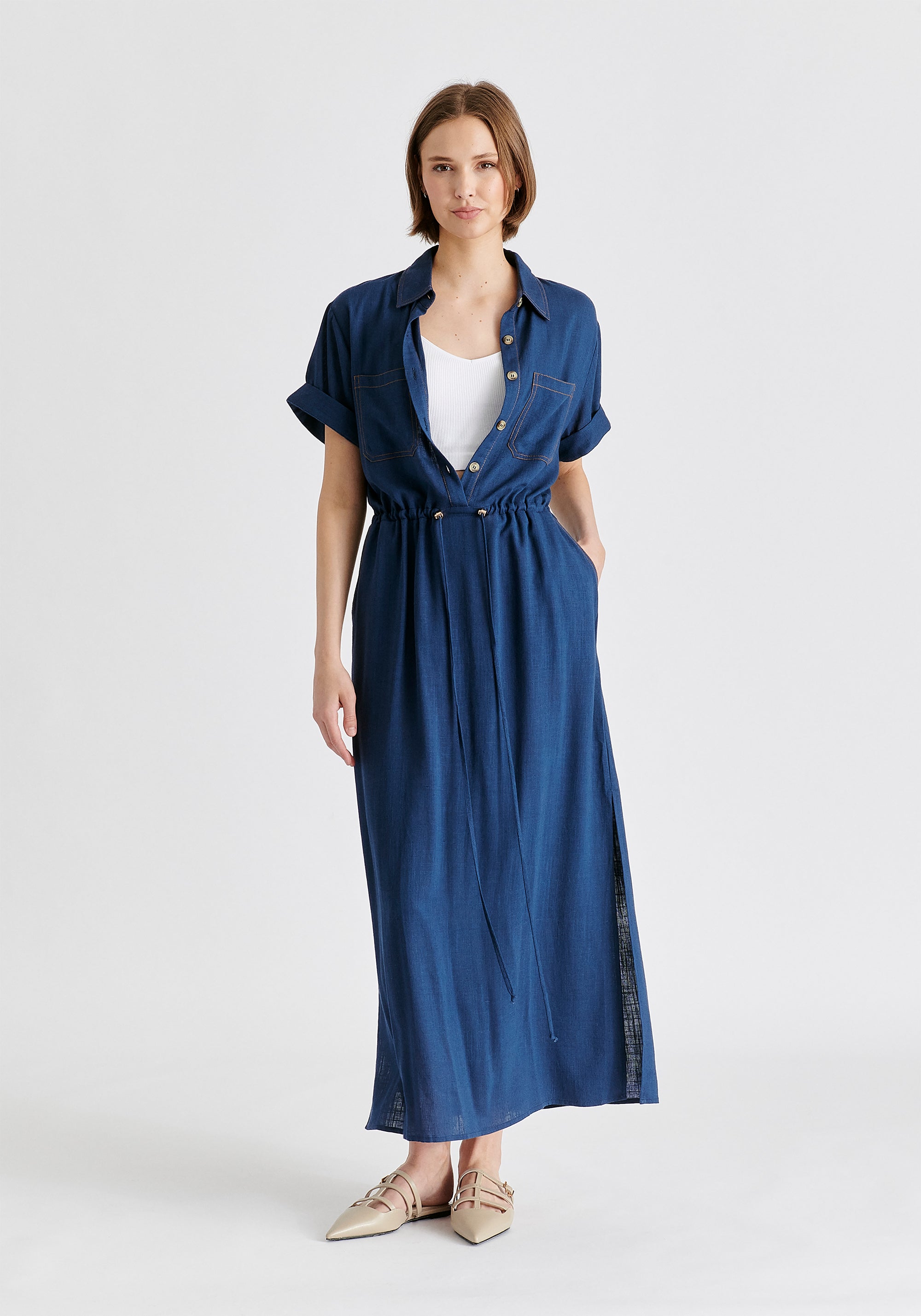 Linen Blend Shirt Dress with Stitch Details in Navy Front