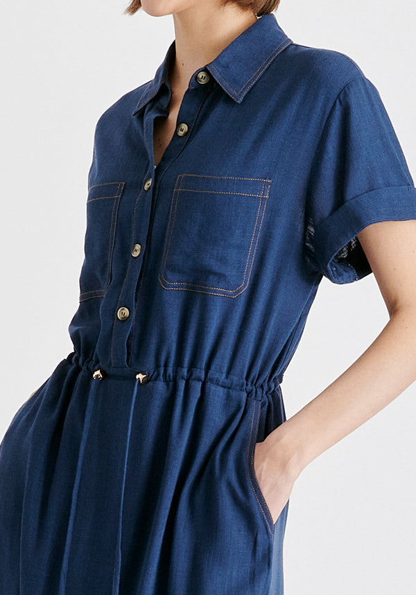 Linen Blend Shirt Dress with Stitch Details in Navy Closeup