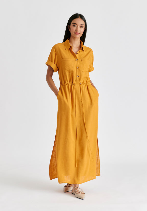 Linen Blend Shirt Dress with Stitch Details in Ochre Yellow