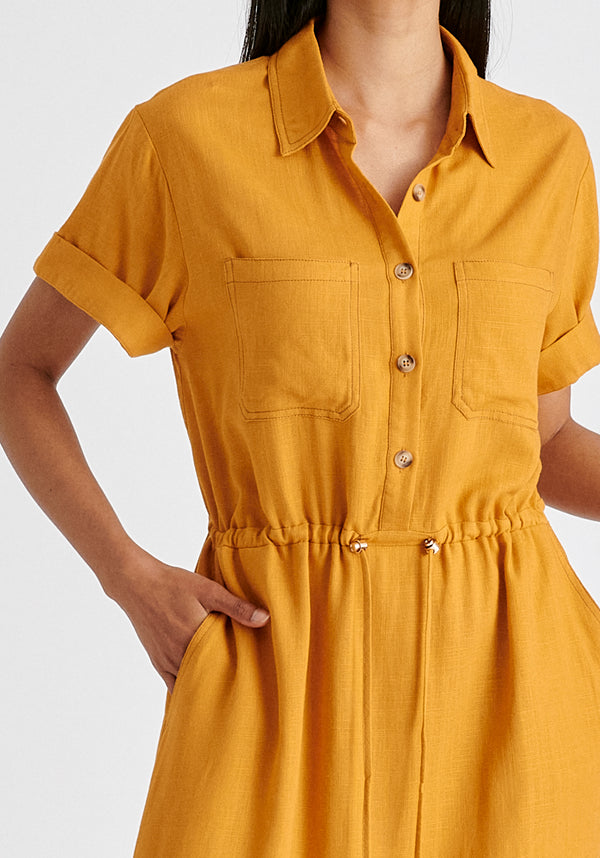 Linen Blend Shirt Dress with Stitch Details in Ochre Yellow Closeup