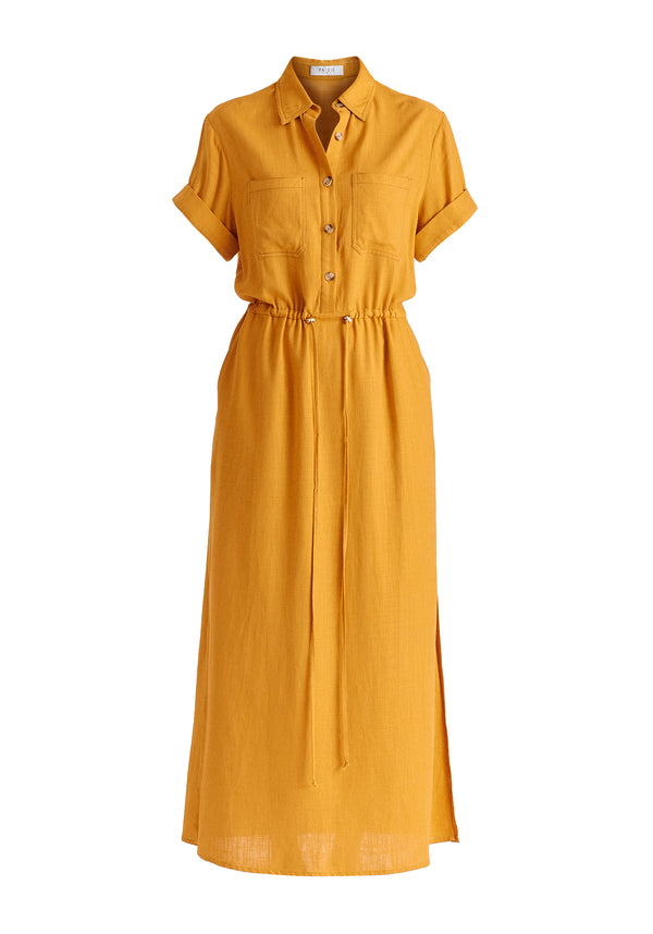 Linen Blend Shirt Dress with Stitch Details in Ochre Yellow Cutout