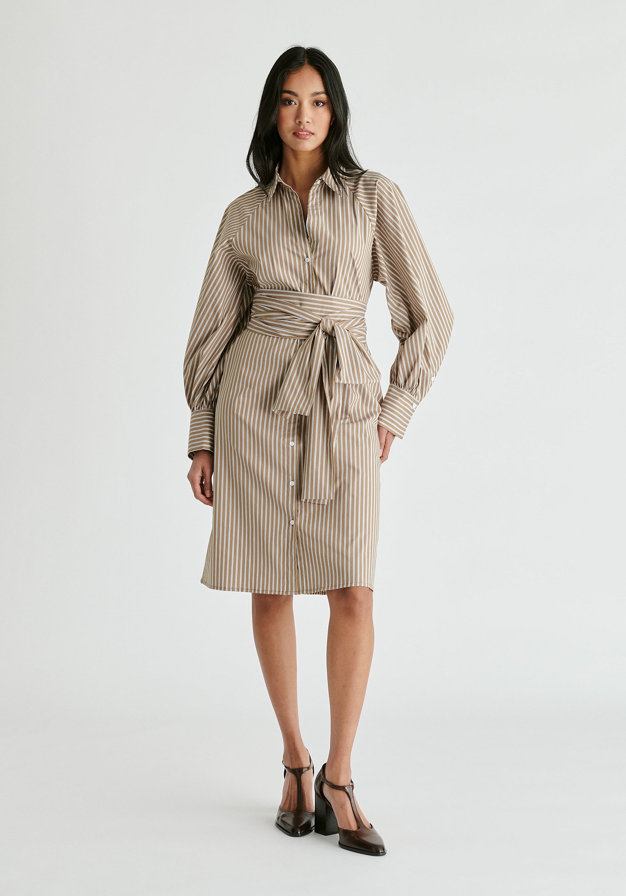 Striped Volume Sleeve Shirt Dress with Matching Tie Belt in Khaki Stripes